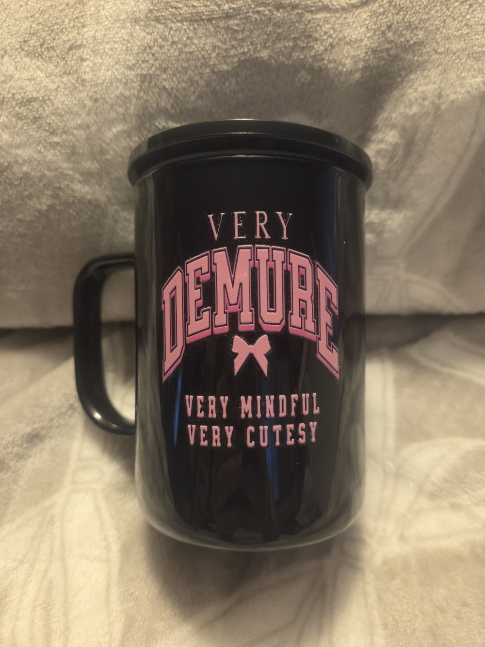 Very Demure Black Mug With Lid